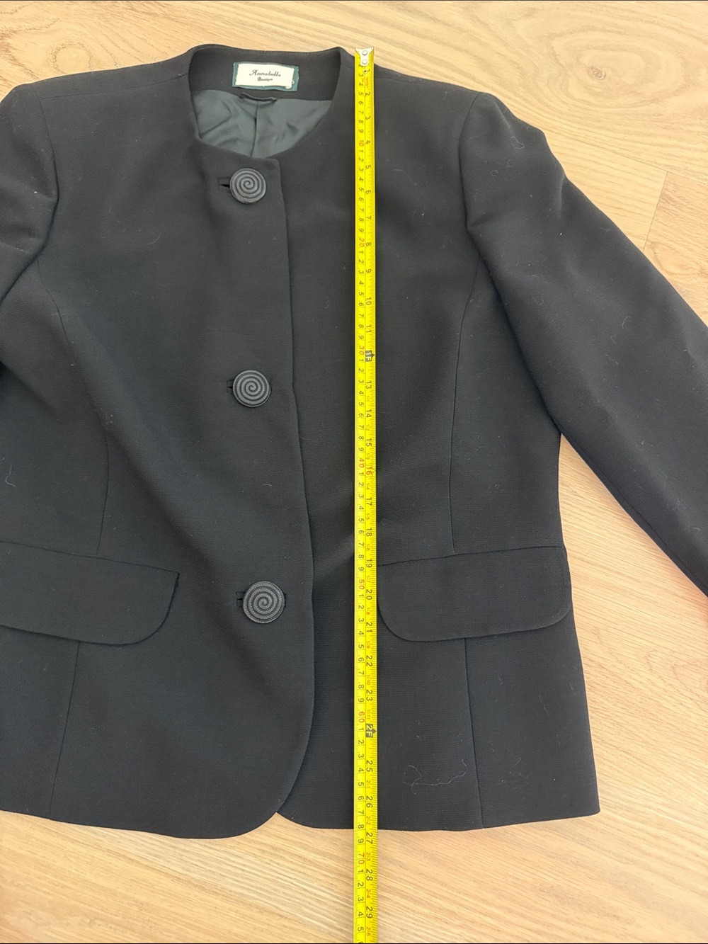 Annabella Boutique Italy Pure New Wool Collarless Black Blazer Jacket Sz 47 / M - Picture 4 of 9
